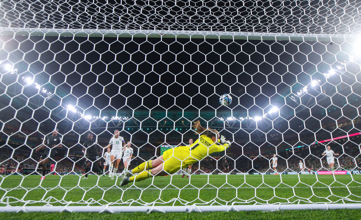 Ireland's Courtney Brosnan makes her brilliant save against Nigeria. Picture: INPHO/Ryan Byrne Ireland's Courtney Brosnan makes her brilliant save against Nigeria. Picture: INPHO/Ryan Byrne