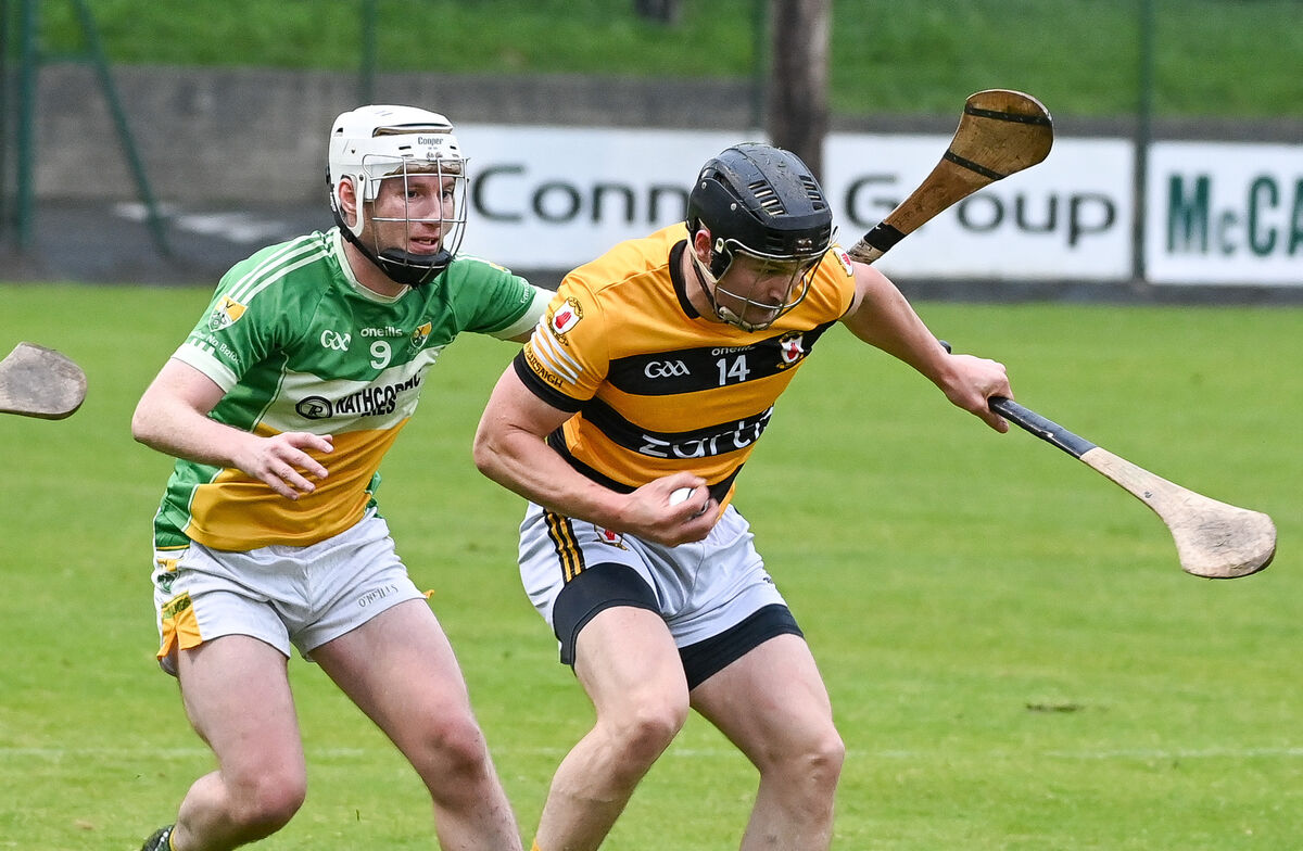  Na Piarsaigh's Patrick Rourke wins possession ahead of Bride Rovers' Jason Mannix, during their SAHC clash at Riverstown. Picture: David Keane.