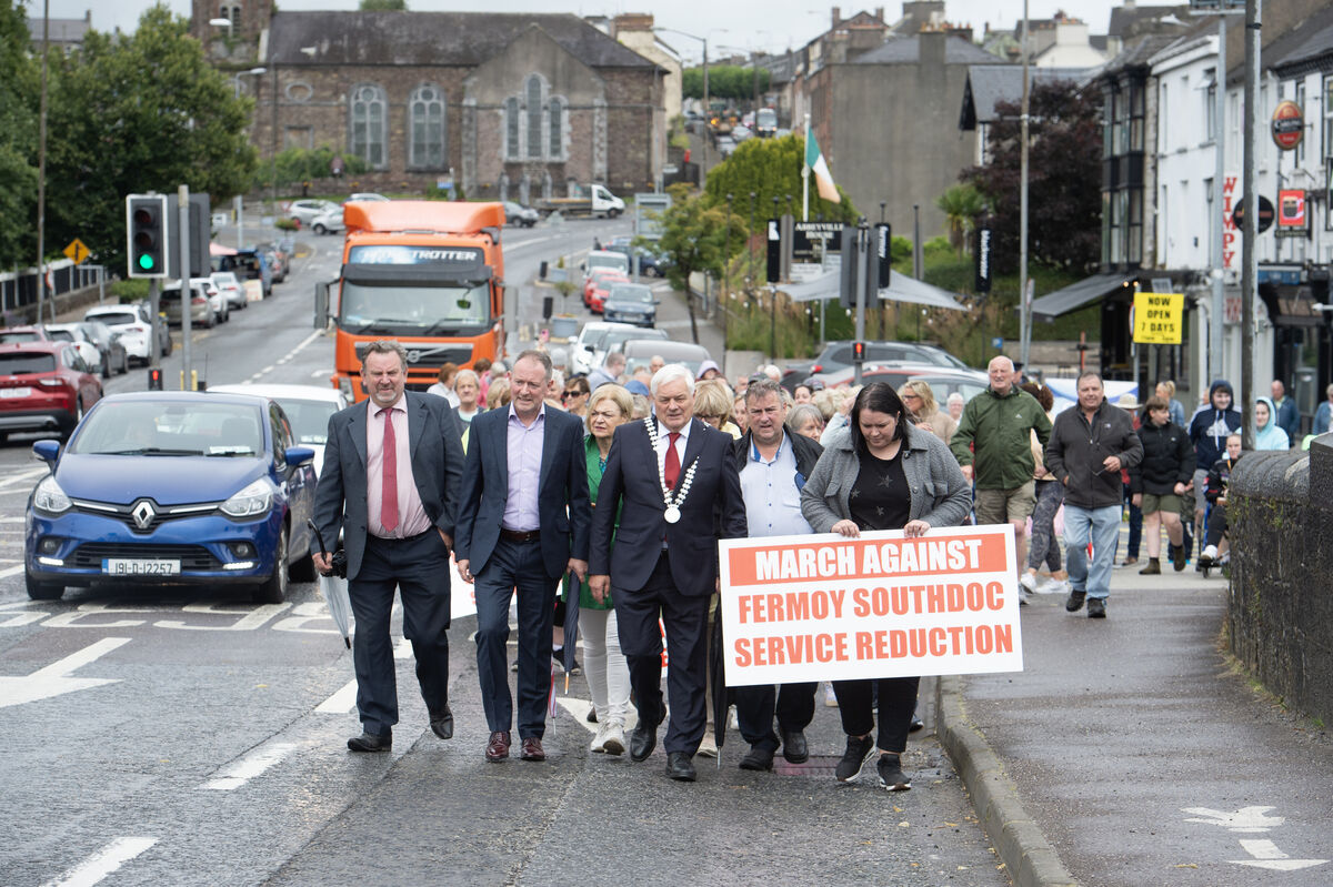Cllr Frank Roche, Cllr Deirdre O'Brien, Seán Sherlock TD, County Mayor Cllr Frank O'Flynn , Noel McCarthy and local resident Michelle O’Brien leading the protest to the Courthouse in Fermoy, Co Cork, where residents protested over SouthDoc services. Picture: Dan Linehan Cllr Frank Roche, Cllr Deirdre O'Brien, Seán Sherlock TD, County Mayor Cllr Frank O'Flynn , Noel McCarthy and local resident Michelle O’Brien leading the protest to the Courthouse in Fermoy, Co Cork, where residents protested over SouthDoc services. Picture: Dan Linehan