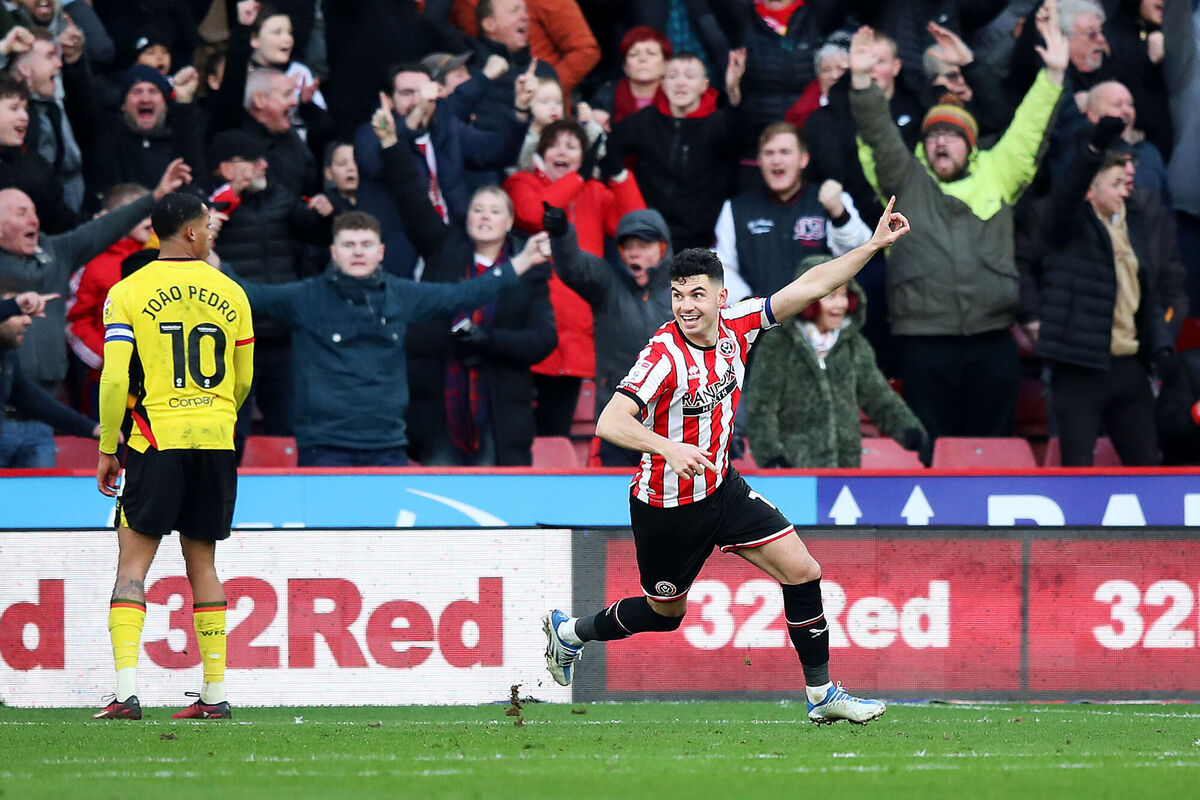 Sheffield United's John Egan celebrates celebrates scoring for The Blades. The Corkman will play a key role in Sheffieldd United staying in the Premier League. Picture: Isaac Parkin/PA Wire.
