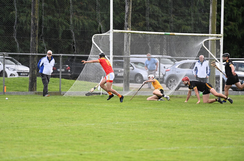  The sliotar goes wide after a high ball is drooped into the Fermoy goalmouth as Sean Hayes looks to pounce. Picture: Larry Cummins