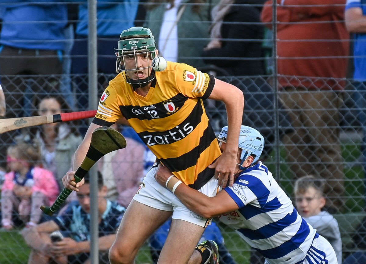  Na Piarsaigh's Luke Sheehan is fouled by Inniscarra's Ciaran Lombard, during their Senior AHC clash at Ballincollig. Picture: David Keane.
