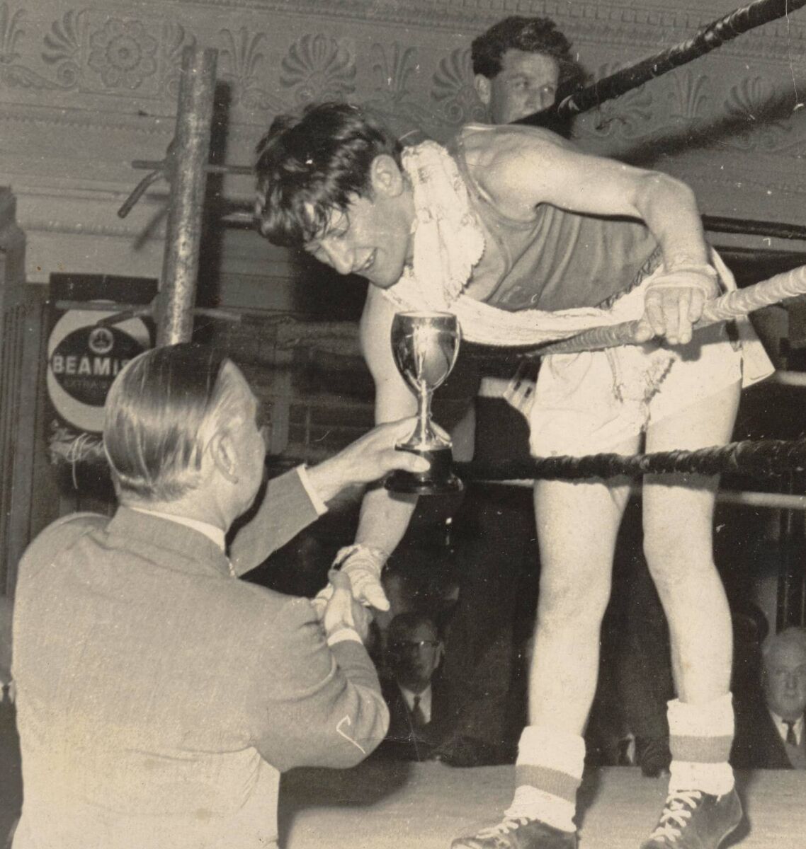 Harry Butt, Dean Sextons BC representing Ireland receiving his trophy from the President of the Irish ABA after defeating S Miller (Scotland) in the International Senior Flyweight contest at the Cork City Hall in 1967. Harry Butt, Dean Sextons BC representing Ireland receiving his trophy from the President of the Irish ABA after defeating S Miller (Scotland) in the International Senior Flyweight contest at the Cork City Hall in 1967.