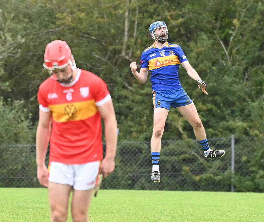 Carrigaline's Brian Kelleher celebrates his hat-trick of goals against Éire Óg during the Co-Op Superstores Cork PIHC at Brinny. Picture; Eddie O'Hare