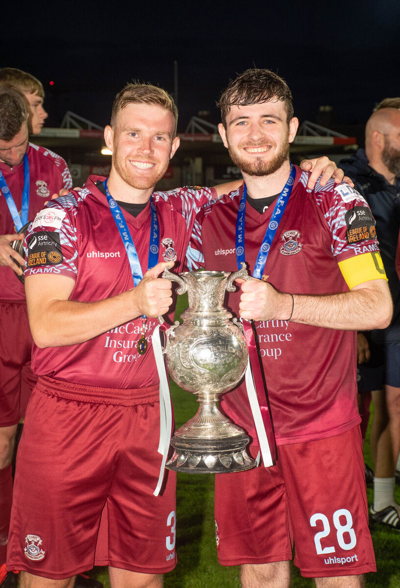 Cobh Ramblers joint captains Jason Abbot and Dale Holland pictured with the Munster Senior Cup following their teams 3-1 win over Cork City in the final played in Turner's Cross. Picture: Howard Crowdy Cobh Ramblers joint captains Jason Abbot and Dale Holland pictured with the Munster Senior Cup following their teams 3-1 win over Cork City in the final played in Turner's Cross. Picture: Howard Crowdy