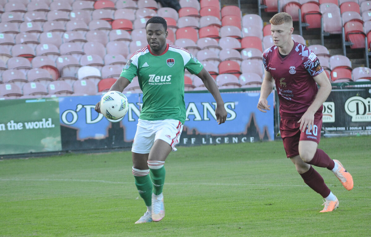 Cork City's Babatunde Owolabi and Charlie O'Brien from Cobh Ramblers chase after a loose ball during the Munster Senior Cup Final in Turner's Cross. Picture: Howard Crowdy Cork City's Babatunde Owolabi and Charlie O'Brien from Cobh Ramblers chase after a loose ball during the Munster Senior Cup Final in Turner's Cross. Picture: Howard Crowdy