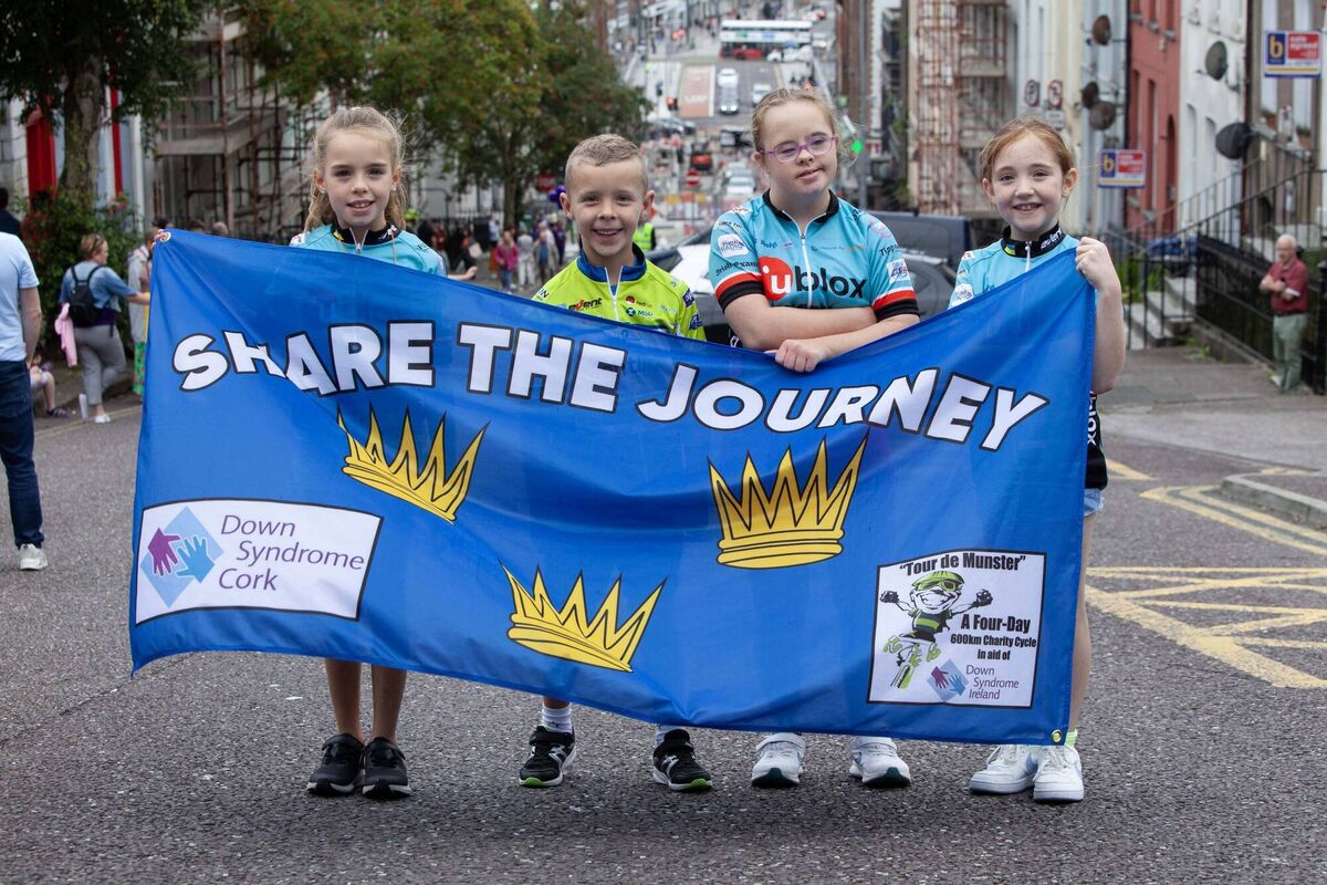 Lucy MacBride, 8, Mayfield, Ben Humphreys, 5, Whitechurch, Millie MacBride, 14, Mayfield, and Annie O’Mahony, 9, Glanmire, pictured at the end of the 2023 Tour de Munster Charity Cycle. Pic Diane Cusack 