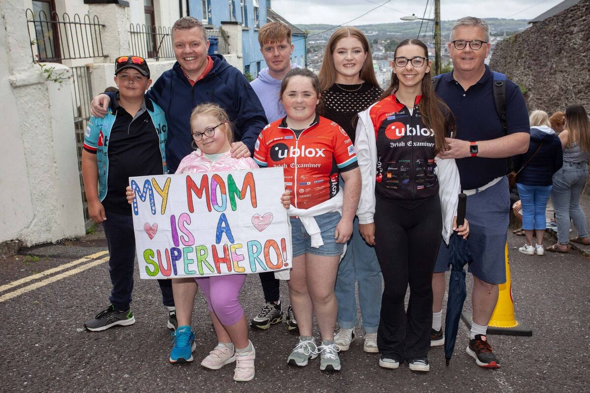 Thomas Goggin, Paul Hurley, Caoimhe Hurley, Conor Hurley, Anna Goggin, Eimear Hurley, Maeve Goggin and Ray Goggin from Watergrasshill pictured at the end of the 2023 Tour de Munster Charity Cycle. Pic Diane Cusack 