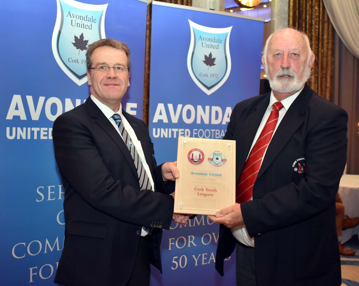 Sean O'Sullivan, Cork Youth League, making a presentation to Chairman, David Madden, on occasion of Avondale's 50th anniversary celebrations. Sean O'Sullivan, Cork Youth League, making a presentation to Chairman, David Madden, on occasion of Avondale's 50th anniversary celebrations.