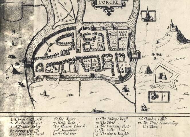 John Speed's map of Cork for 1610 with a view of the city from the west. It gives an impressionistic plan of the Walled City nestled in a prehistoric marsh with spiritual houses on the northern and southern hills. Notice the fort on the marsh (13) and the Walkabout (14). Unfortunately, a typo made in the map puts Shandon Castle (16) on the north-west marsh. Map: Courtesy, Cork City Library. John Speed's map of Cork for 1610 with a view of the city from the west. It gives an impressionistic plan of the Walled City nestled in a prehistoric marsh with spiritual houses on the northern and southern hills. Notice the fort on the marsh (13) and the Walkabout (14). Unfortunately, a typo made in the map puts Shandon Castle (16) on the north-west marsh. Map: Courtesy, Cork City Library.