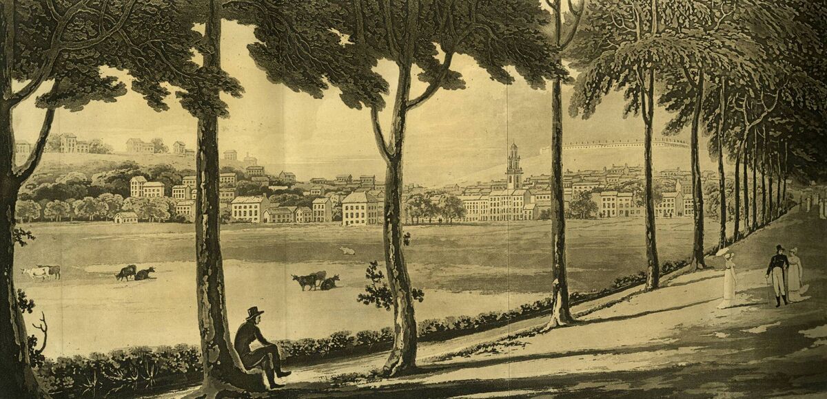 The Walk was landscaped by B. Wrixon, who had the milelong hedge-lined pathway widened and a gravelly surface laid down. Stone walls were erected along its banks to enclose it from the neighbouring marshes. Elm trees were planted along both sides of the Walk with stone seats and alcoves placed at intervals. Illustration: Cork, from the Mardyke Walk from: “The Stranger in Ireland; or, a Tour in the Southern and Western Parts of that Country, in the Year 1805”, by John Carr, Esq. of the Honourable Society of the Middle Temple., London, Richard Phillips, 1806. Illustration: Courtesy, Cork City Library. The Walk was landscaped by B. Wrixon, who had the milelong hedge-lined pathway widened and a gravelly surface laid down. Stone walls were erected along its banks to enclose it from the neighbouring marshes. Elm trees were planted along both sides of the Walk with stone seats and alcoves placed at intervals. Illustration: Cork, from the Mardyke Walk from: “The Stranger in Ireland; or, a Tour in the Southern and Western Parts of that Country, in the Year 1805”, by John Carr, Esq. of the Honourable Society of the Middle Temple., London, Richard Phillips, 1806. Illustration: Courtesy, Cork City Library.