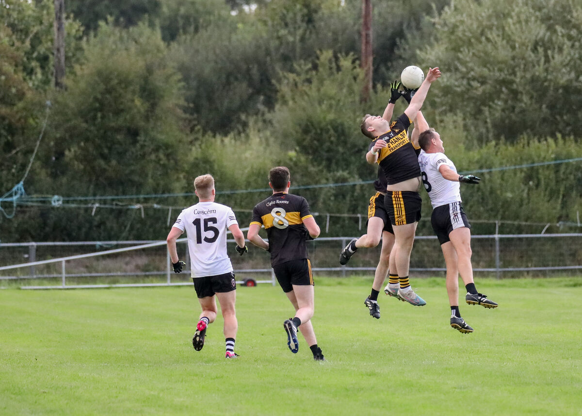 Michael Herlihy of Clyda jumps for the dropping ball. Picture: David Creedon