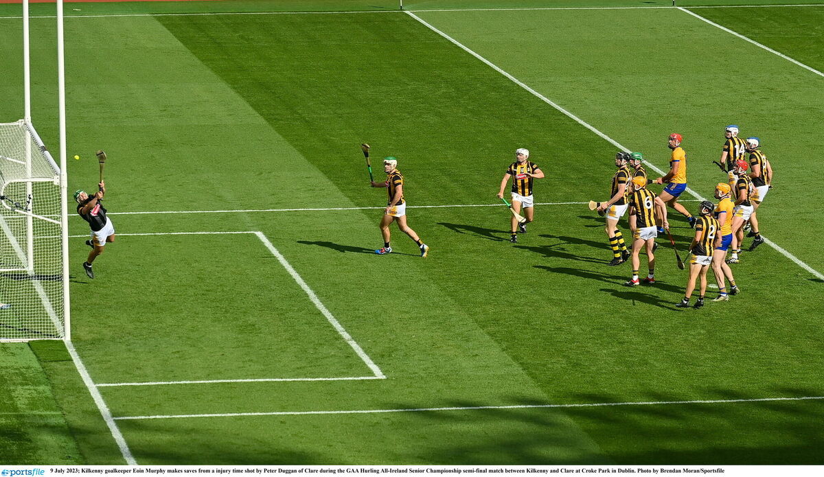 Eoin Murphy makes saves from an injury-time shot from Clare's Peter Duggan this summer. Picture: Brendan Moran/Sportsfile