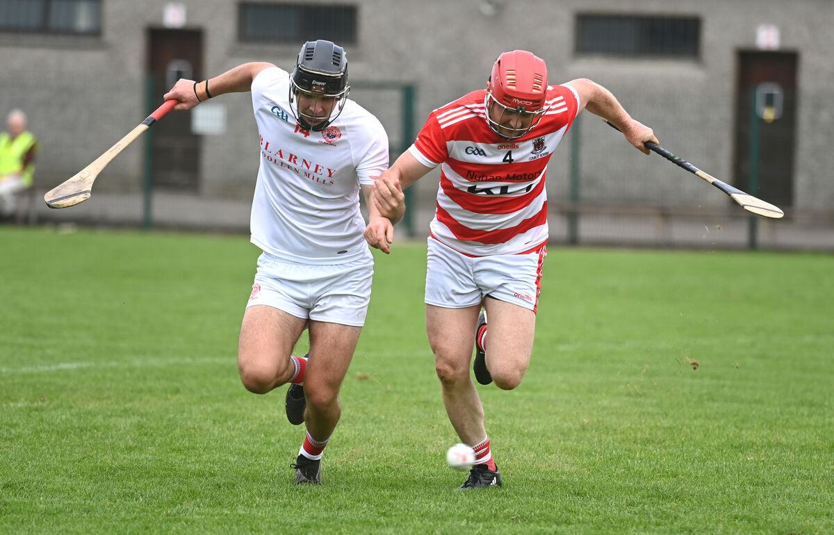 Blarney goalscorer Padraig Power and defender Kevin Collins, Courcey Rovers, chase possession. Picture: Larry Cummins Blarney goalscorer Padraig Power and defender Kevin Collins, Courcey Rovers, chase possession. Picture: Larry Cummins