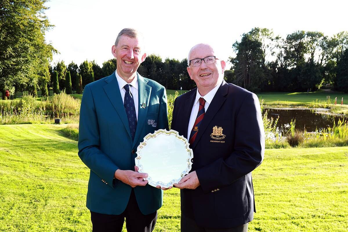 Monkstown Golf Club member Jim Long receiving a presentation from Monkstown President Martin Walsh to mark his appointment as President of the Golf Ireland. Picture Niall O'Shea