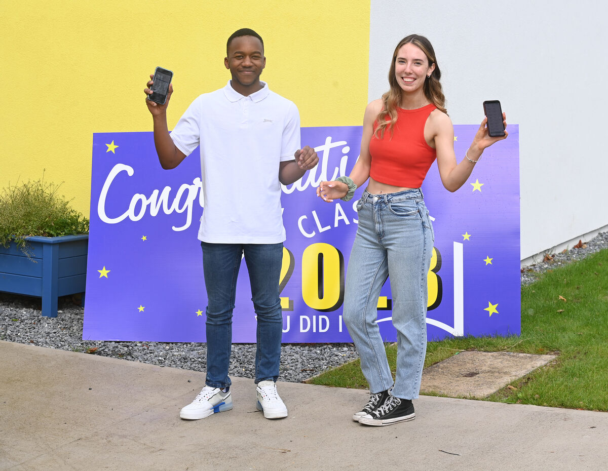  Bishopstown Community School students Presly Jeche (613 points) and Saoirse Walsh (625 points) at the school to meet teachers and friends after the reults were given out for the Leaving Certificate State Examination 2023. Pic Larry Cummins