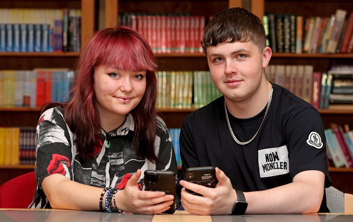  Aoife O'Brien and Luke O'Sullivan, checking the results. 2023 Leaving Certificate results at Nagle Community College, Mahon, Cork.