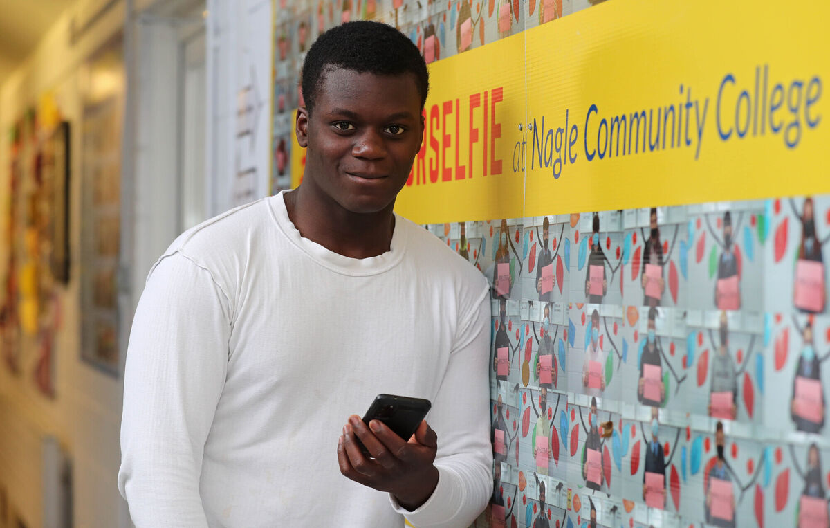  Henok Attikossie, checking his results. 2023 Leaving Certificate results at Nagle Community College, Mahon, Cork.