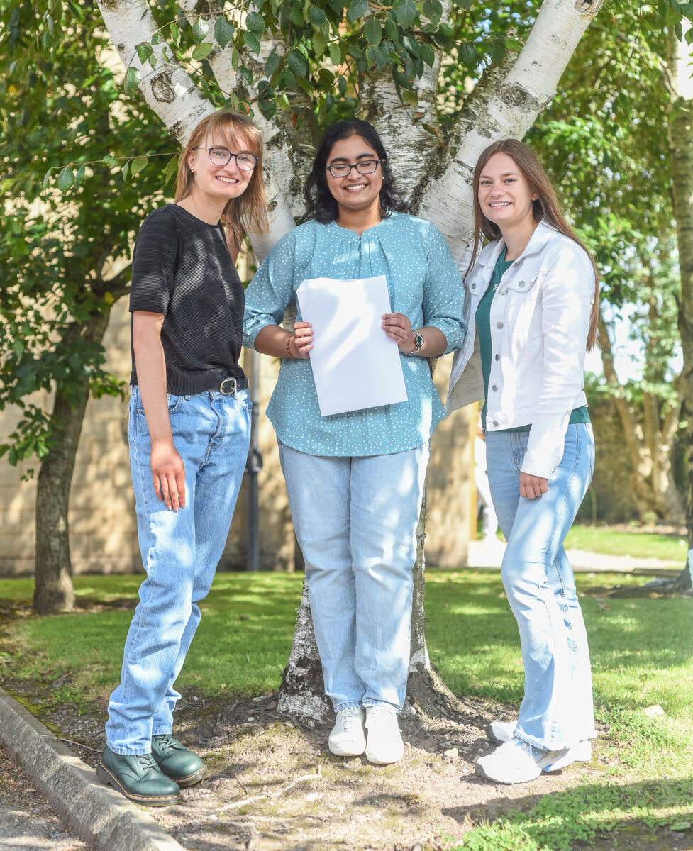Joanne Crowley, Angel Metro, and Heather Fane after receiving their Leaving Cert results at St. Aloysius' Girls Secondary School, Carrigtohill, on Friday. Picture: Cian O'Regan.