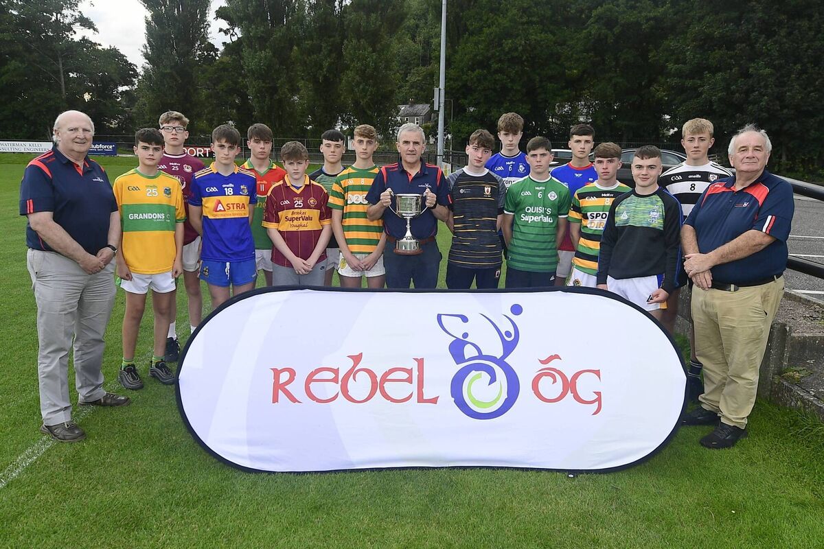 Representatives of the various clubs who are taking part in Rebel Óg U15 finals. Also included are Michael O'Mahony, centre, chairman of Rebel Óg; Martin O'Brien, assistant treasurer Rebel Óg and right, Eoghan O'Connor, treasurer Rebel Óg. Picture: Steven Lynch