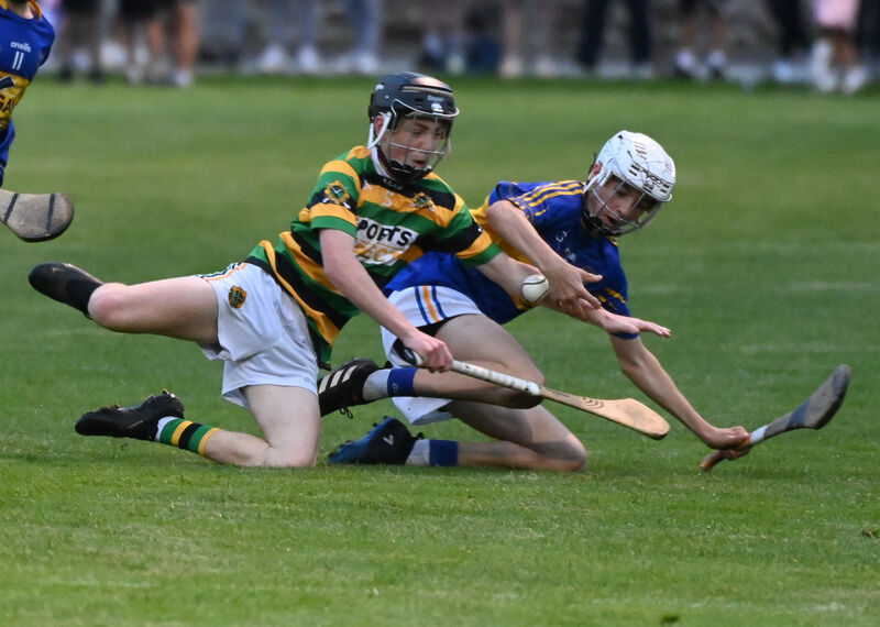 Carrigtwohill's Cillian Rooney and Glen Rovers Robert Buckley tussle for the ball during the Rebel Óg premier 1 under 15 HC final at the Mardyke. Picture: Eddie O'Hare