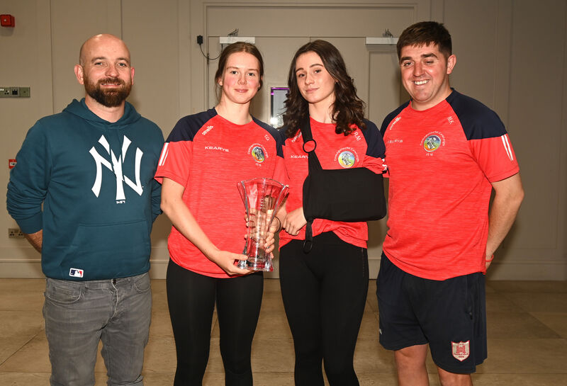  Ruairí O'Hagan, Red FM, media partners, presents the Rebel Óg monthly award to Tara Goulding and Rachel Murphy and Mark Kavanagh, coach. Picture: Eddie O'Hare
