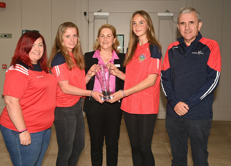 Norina O'Callaghan, sales and marketing Clayton Hotel, main sponsors, presents the Rebel Óg monthly award to Aoife Cottrell and Nikki Hosford, with Michael O'Mahony, chairman Rebel Óg and Mairead Lynch, development officer Cork camogie Picture: Eddie O'Hare
