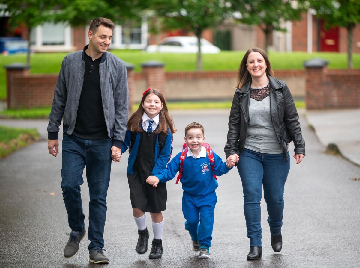 It was a momentous day for mother Jessica Stone as she watched her five-year-old kidney transplant son Zack about to begin a new chapter in his life on his first day at Mallow Community National School and walking hand in hand with his older sister Ellie (age 7) and their father Michael who donated a kidney to him last year.