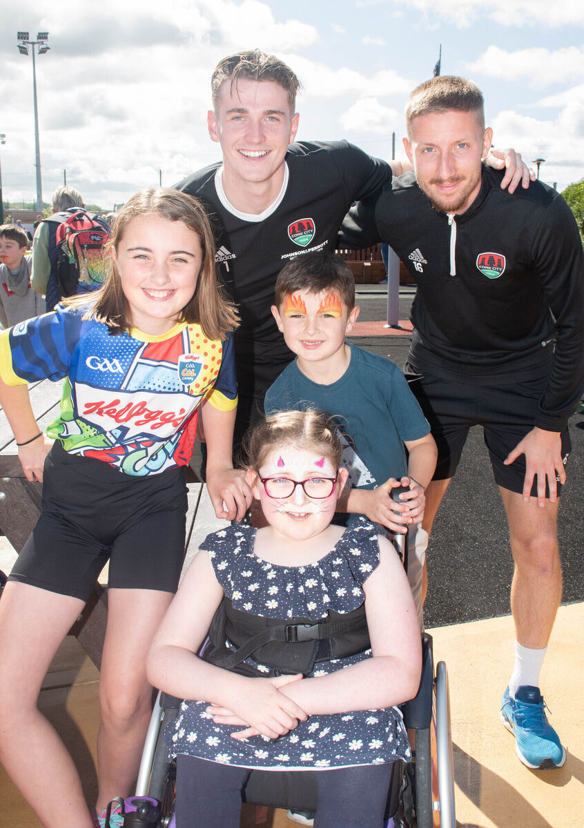 Cork City FC players Tiernan Brooks and Kevin Custovic pictured with Laura, Lucy and Jack Kelly from Ballyclough. Picture: Howard Crowdy Cork City FC players Tiernan Brooks and Kevin Custovic pictured with Laura, Lucy and Jack Kelly from Ballyclough. Picture: Howard Crowdy