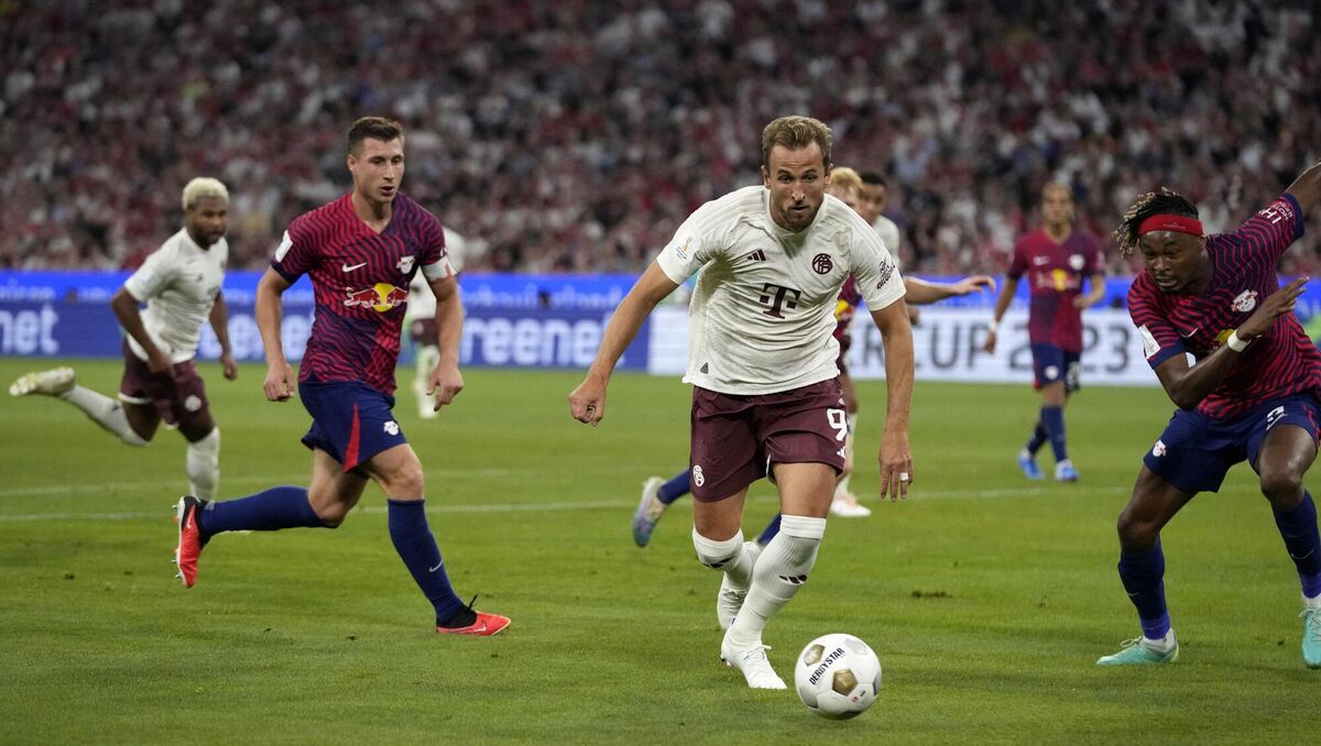 Bayern's Harry Kane controls the ball during the German Super Cup final. Picture: AP Photo/Matthias Schrader
