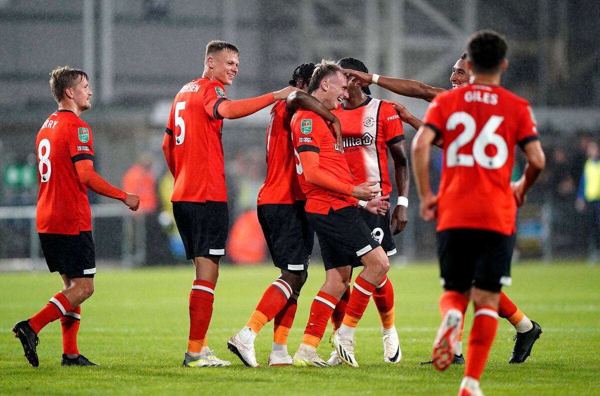 Luton Town's Alfie Doughty celebrates scoring their side's second goal of the game during the Carabao Cup second round match at Kenilworth Road, Luton.