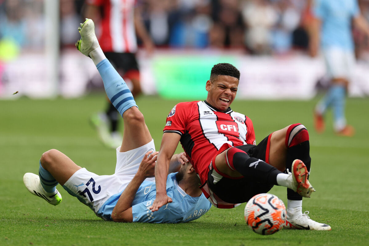 Sheffield United's William Osula (right) and Manchester City's Josko Gvardiol battle for the ball during the Premier League match at Bramall Lane, Sheffield. Picture: Bradley Collyer/PA Wire.