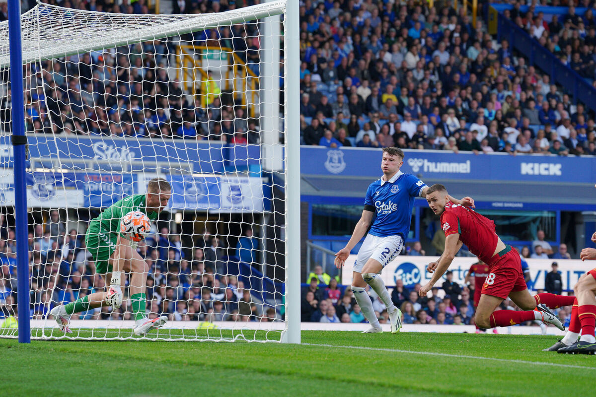 Wolverhampton Wanderers' Sasa Kalajdzic scores against Everton during their Premier League match at Goodison Park, Liverpool. Picture: Peter Byrne/PA Wire