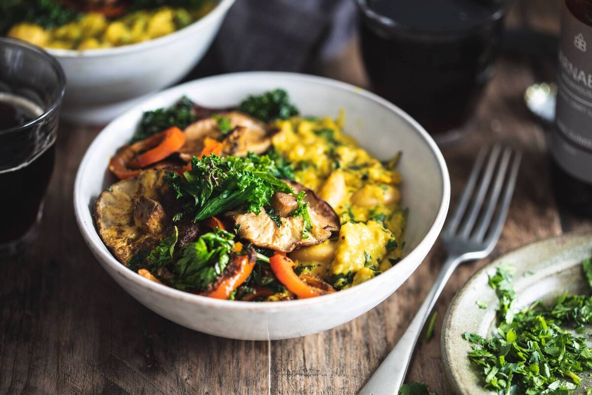 Red lentil coconut dal with stir-fried veg. Red lentil coconut dal with stir-fried veg.