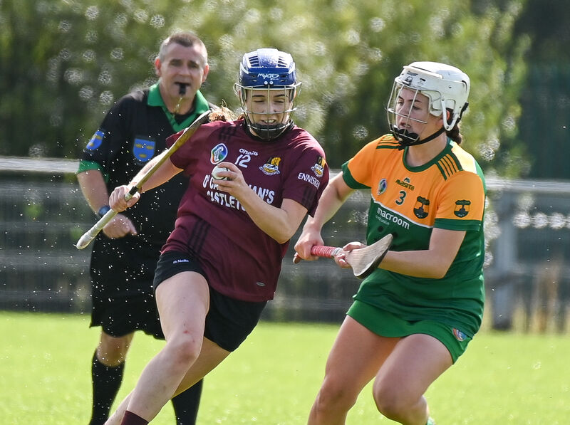  Enniskeane's Orla Cronin tries to get past Cloughduv's Laura Buttimer, during their SE Systems Senior Camogie Championship clash at Castle Road. Picture: David Keane.