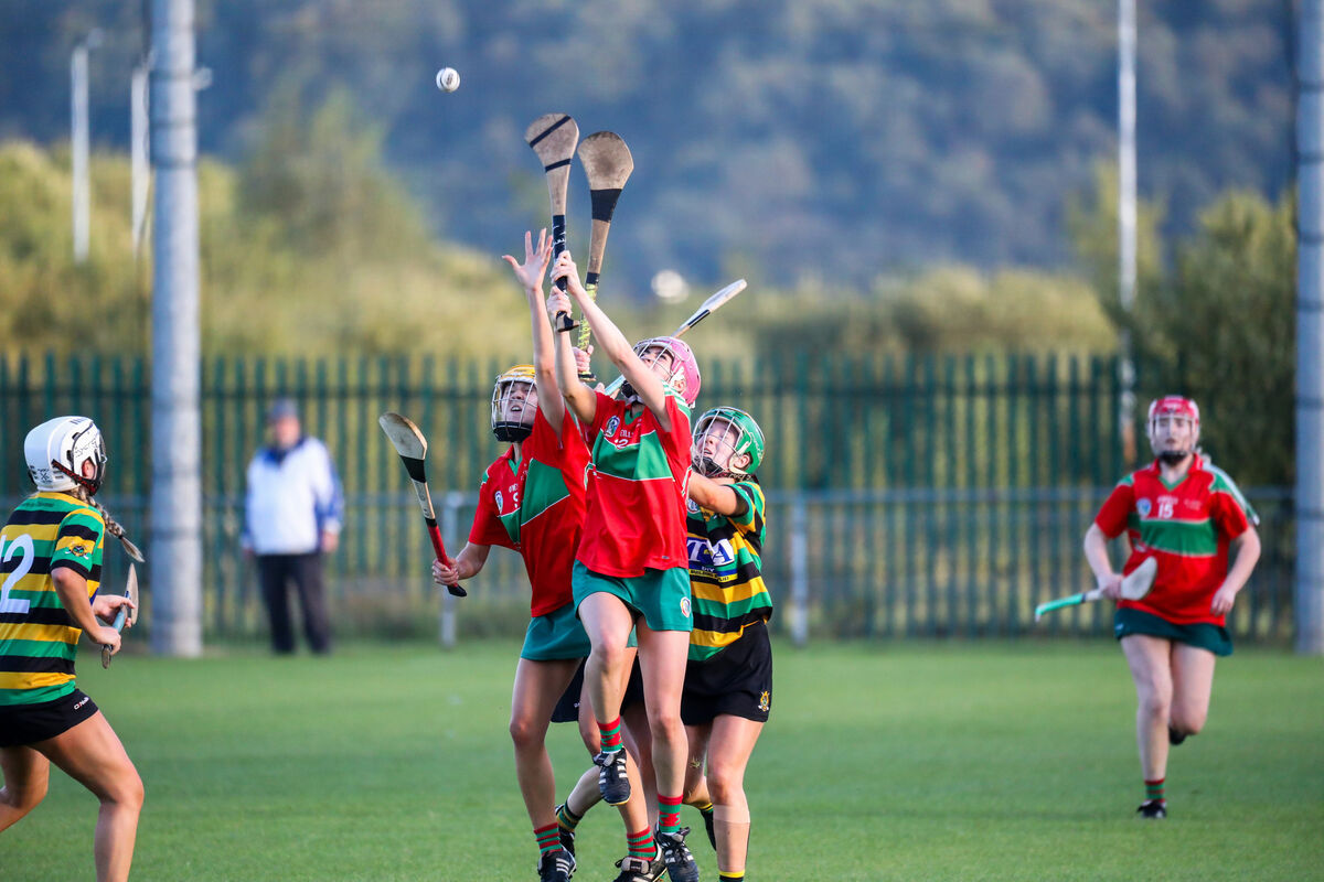 Fr O'Neill's players Emma Fitzpatrick and Kate O'Brien rise for a dropping sliotar against Glen Rovers. Picture: David Creedon Fr O'Neill's players Emma Fitzpatrick and Kate O'Brien rise for a dropping sliotar against Glen Rovers. Picture: David Creedon