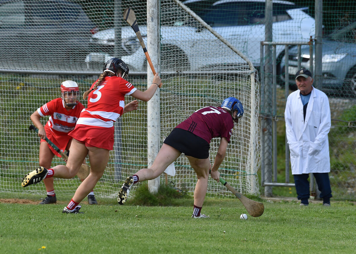 Courcey Rovers players Sinéad O'Reilly and Alanna Corcoran looking to block this shot by Grace Nyhan, Enniskeane. Picture: Dan Linehan Courcey Rovers players Sinéad O'Reilly and Alanna Corcoran looking to block this shot by Grace Nyhan, Enniskeane. Picture: Dan Linehan