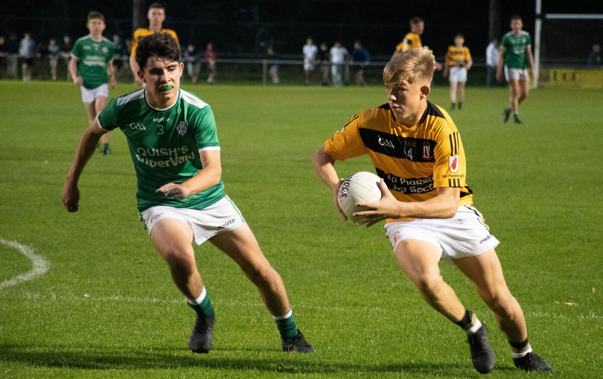 Na Piarsaigh's Luke Hurley turns towards goal ahead of Ballincollig's Jack Ryan during the U15 Premier 1 football championship final in the Mardyke. Picture: Howard Crowdy Na Piarsaigh's Luke Hurley turns towards goal ahead of Ballincollig's Jack Ryan during the U15 Premier 1 football championship final in the Mardyke. Picture: Howard Crowdy