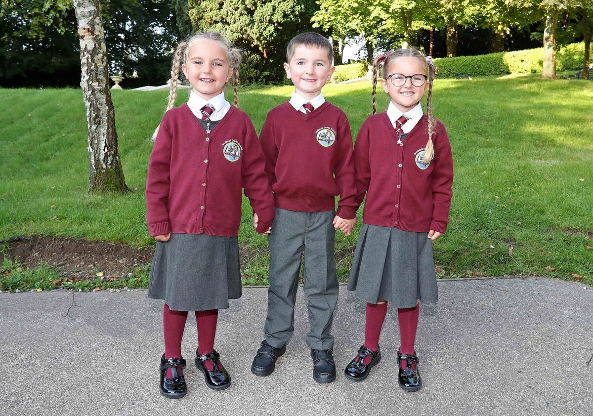 Starting school, cousins Claire Batt, Jake O'Flannaig and Roisin Batt. Picture: Jim Coughlan. Starting school, cousins Claire Batt, Jake O'Flannaig and Roisin Batt. Picture: Jim Coughlan.