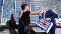 Ryanair boss Michael O’Leary hit with cream pies by eco activists