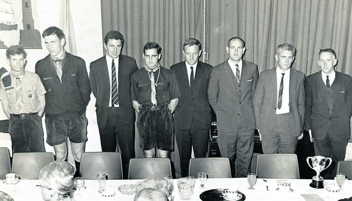 The leaders of the 12th Cork Troop (St. Patrick's) photographed at their silver jubilee dinner on the 31st August 1968 at the Sunset Ridge Hotel. Left to right, Finbarr Hennessy (1968-70), Brendan O'Sullivan (1965-68), Deecy Mullins (1963-65), Finbarr Keenan (1961-63), Michael Hassett (1956-61), Sean Noonan (1955-56), Christy Lynch (1950-51) and John Corbett (1943-50 and 51-55) Pic: Barrys Photographic The leaders of the 12th Cork Troop (St. Patrick's) photographed at their silver jubilee dinner on the 31st August 1968 at the Sunset Ridge Hotel. Left to right, Finbarr Hennessy (1968-70), Brendan O'Sullivan (1965-68), Deecy Mullins (1963-65), Finbarr Keenan (1961-63), Michael Hassett (1956-61), Sean Noonan (1955-56), Christy Lynch (1950-51) and John Corbett (1943-50 and 51-55) Pic: Barrys Photographic