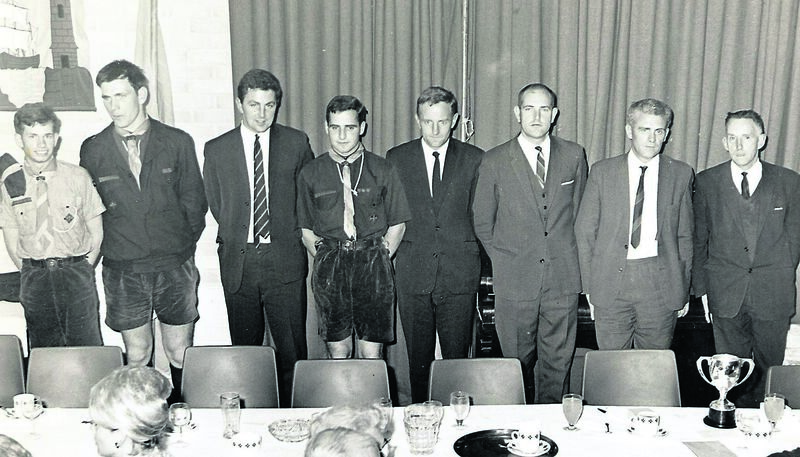 The leaders of the 12th Cork Troop (St. Patrick's) photographed at their silver jubilee dinner on the 31st August 1968 at the Sunset Ridge Hotel. Left to right, Finbarr Hennessy (1968-70), Brendan O'Sullivan (1965-68), Deecy Mullins (1963-65), Finbarr Keenan (1961-63), Michael Hassett (1956-61), Sean Noonan (1955-56), Christy Lynch (1950-51) and John Corbett (1943-50 and 51-55) Pic: Barrys Photographic