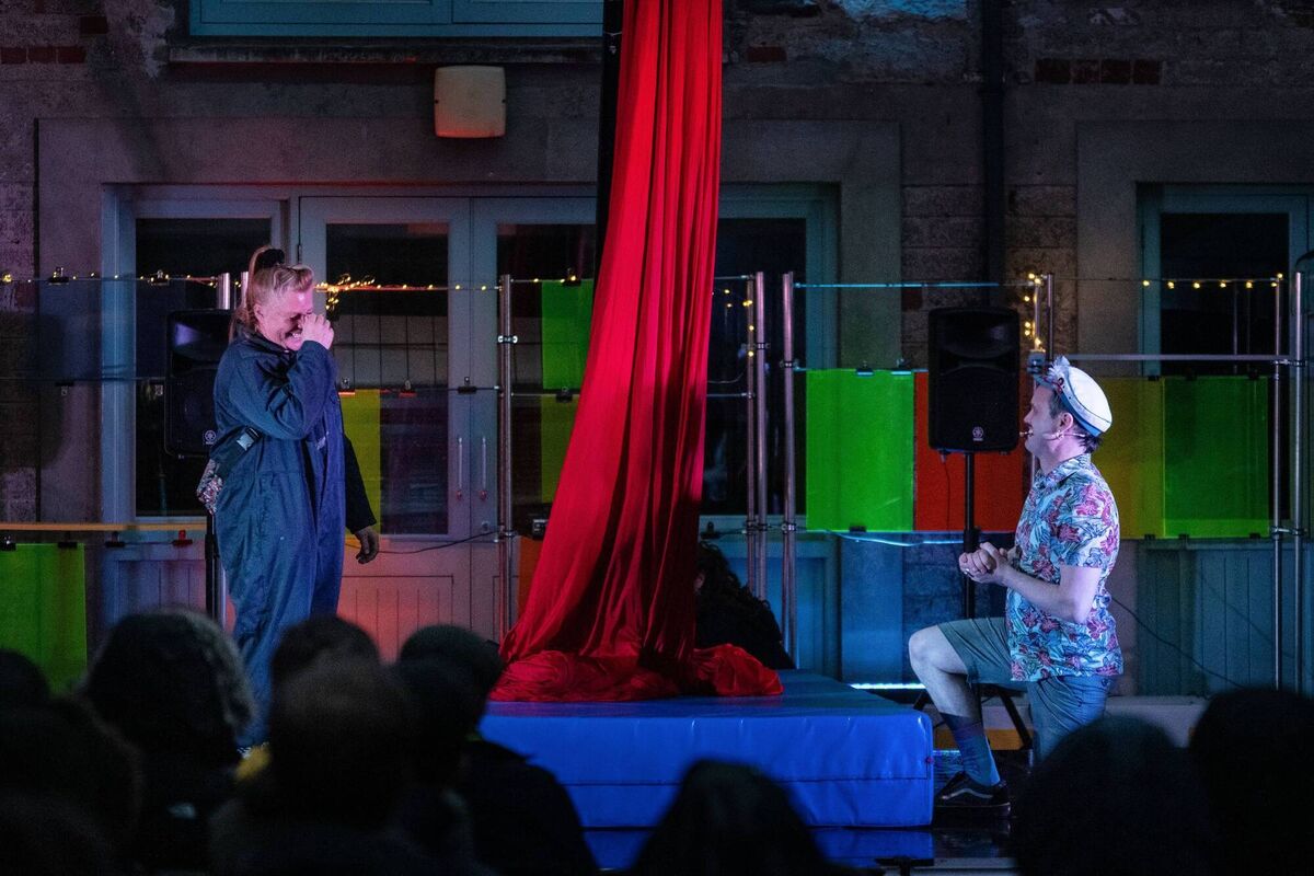 Cormac Mohally proposing to his then girlfriend Noelle O’Regan during a Circus Factory performance. Photograph: Jed Niezgoda Cormac Mohally proposing to his then girlfriend Noelle O’Regan during a Circus Factory performance. Photograph: Jed Niezgoda
