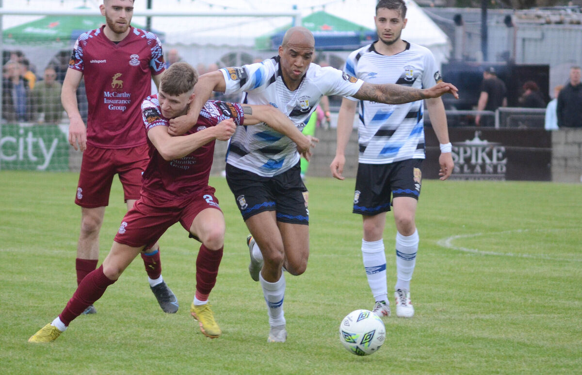 Cobh Ramblers' Tiernan O'Brien clashing with Noah van Geenan of Athlone Town during their game at St Colman's Park earlier this year. Picture: Howard Crowdy Cobh Ramblers' Tiernan O'Brien clashing with Noah van Geenan of Athlone Town during their game at St Colman's Park earlier this year. Picture: Howard Crowdy