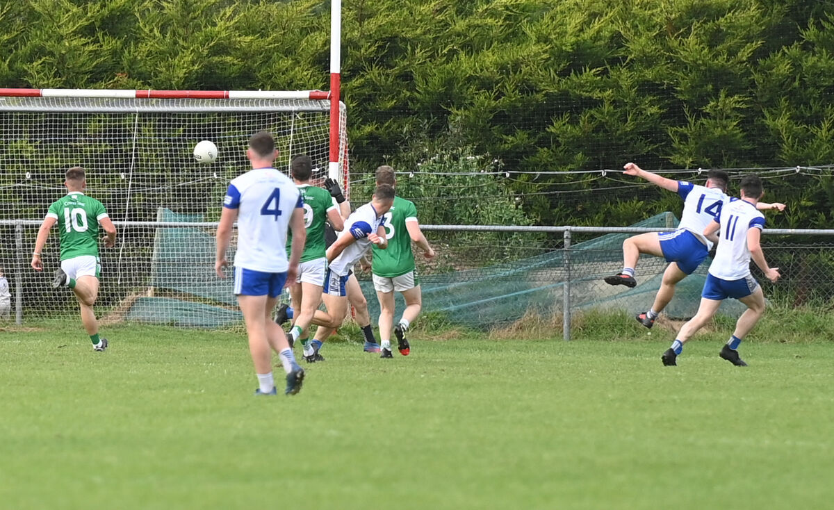 Niall O'Connor, Knocknagree blasts in a goal, late in the second half at Dromtarriffe. Picture: Larry Cummins Niall O'Connor, Knocknagree blasts in a goal, late in the second half at Dromtarriffe. Picture: Larry Cummins