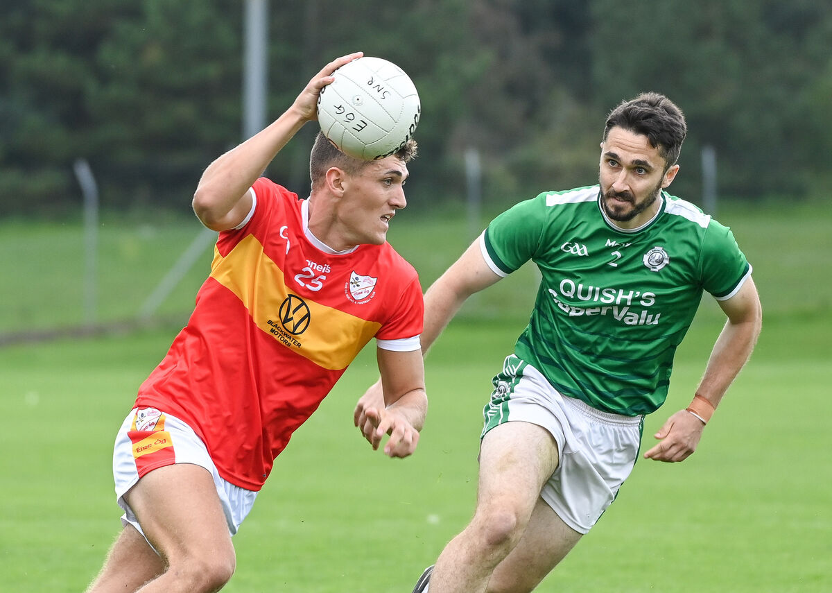 Éire Óg's Rian O'Flynn tries to get past Ballincollig's Colin Moore, during their Premier SFC clash at Coachford. Picture: David Keane. Éire Óg's Rian O'Flynn tries to get past Ballincollig's Colin Moore, during their Premier SFC clash at Coachford. Picture: David Keane.