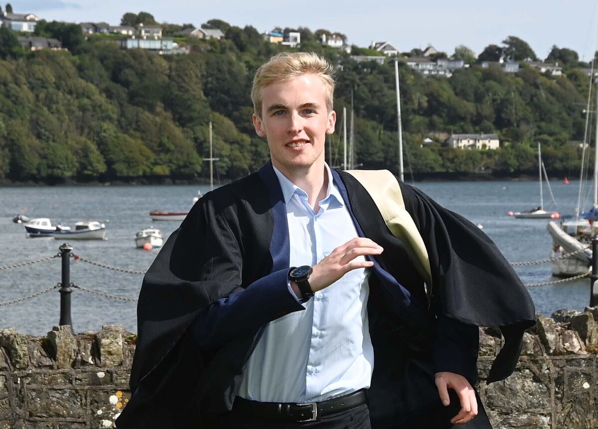 Christopher O'Sullivan, QQI Level 6 graduate in drama, celebrating after the Class of 2023 Kinsale Campus graduation ceremony at Actons Hotel, Kinsale.
