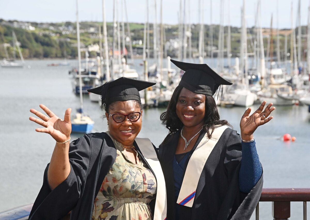 Juliet Ajayi (left) and Titilayo Folowosele, QQI Level 5 healthcare graduates, after the Class of 2023 Kinsale Campus graduation ceremony at Actons Hotel, Kinsale.