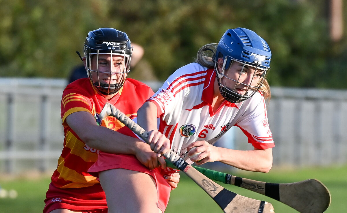 Ballygarvan's Cliona O'Leary is tackled by Newcestown's Eimer Dineen, during their SE Systems Senior Camogie Championship clash at Castle Road.