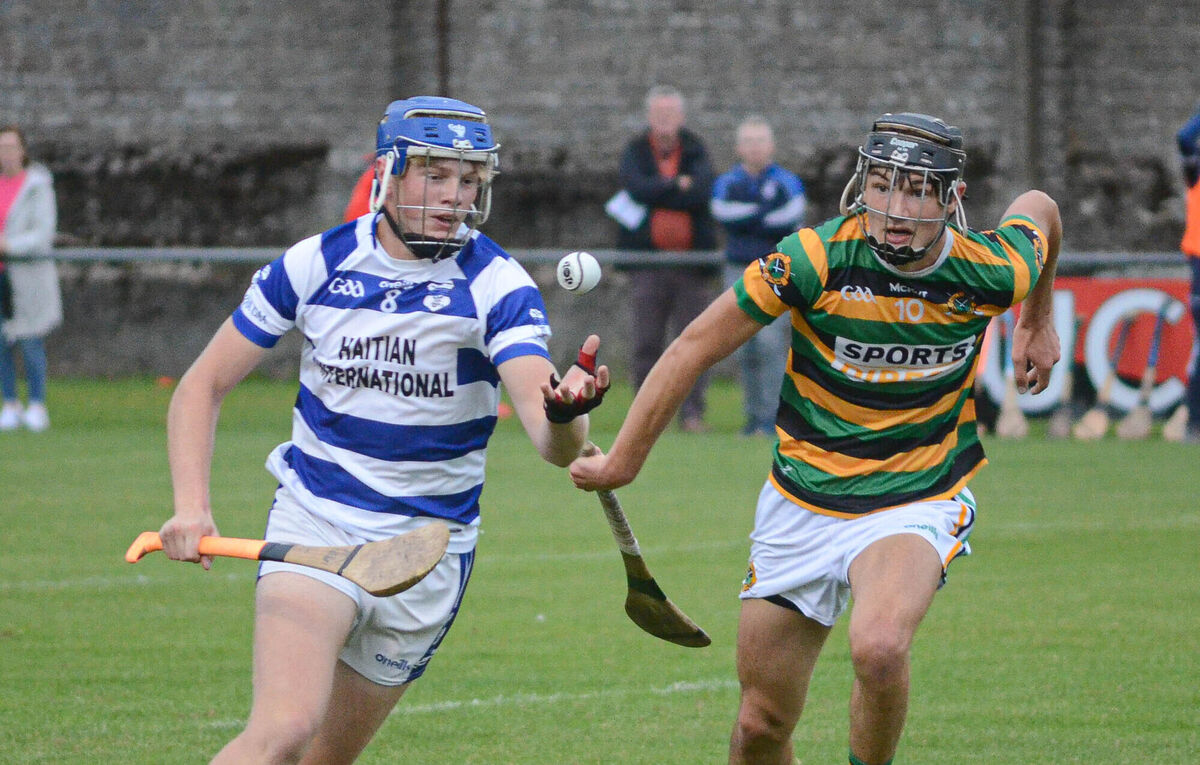Darragh O'Brien of Inniscarra controls the sliothar ahead of Glen Rovers Michael T Brosnan. Picture: Howard Crowdy